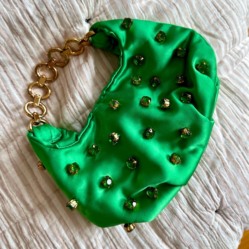 Green Satin Rhinestone Soft Clutch Bag with Gold-Tone Strap